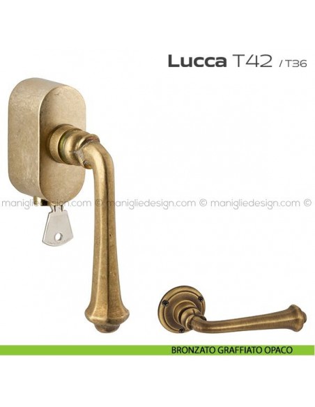 Maniglia per finestra martellina DK con chiave su placca T42 Lucca Reguitti bronzato graffiato opaco