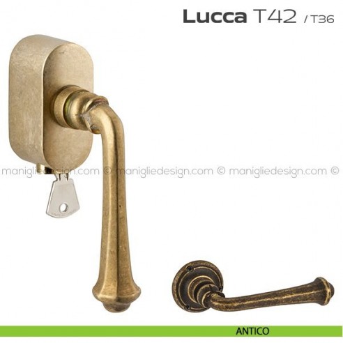 Maniglia per finestra martellina DK con chiave su placca T42 Lucca Reguitti antico