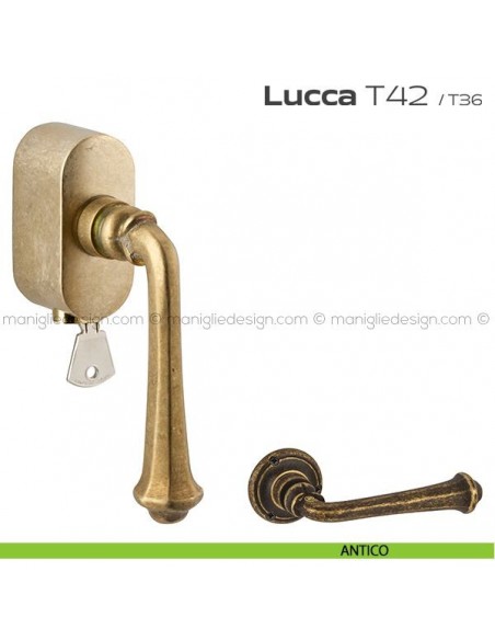 Maniglia per finestra martellina DK con chiave su placca T42 Lucca Reguitti antico