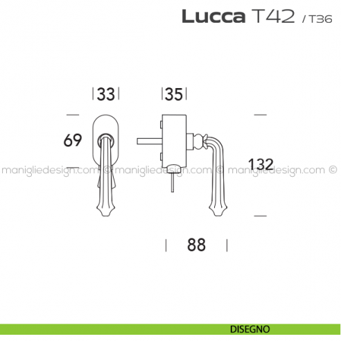 Maniglia per finestra martellina DK con chiave su placca T42 Lucca Reguitti disegno