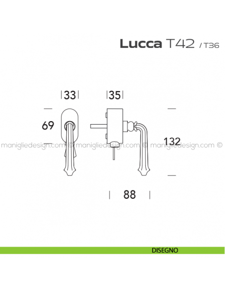 Maniglia per finestra martellina DK con chiave su placca T42 Lucca Reguitti disegno