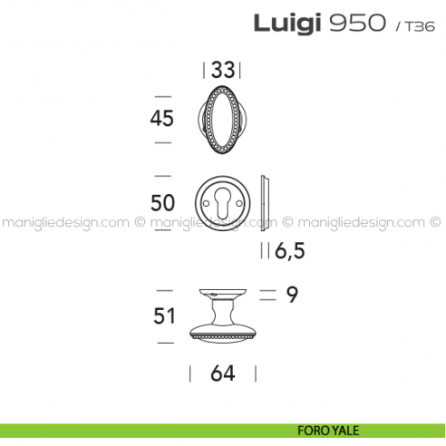 Pomolo ovale per porta girevole 950 Luigi Reguitti foro yale