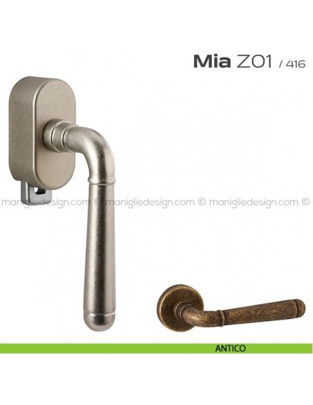 Maniglia per finestra DK con pulsante su placca Z01 Mia Reguitti antico