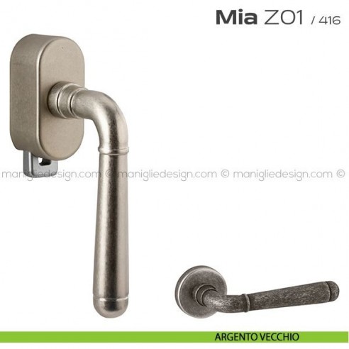 Maniglia per finestra DK con pulsante su placca Z01 Mia Reguitti argento vecchio