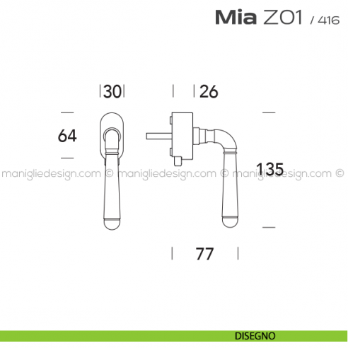Maniglia per finestra DK con pulsante su placca Z01 Mia Reguitti disegno
