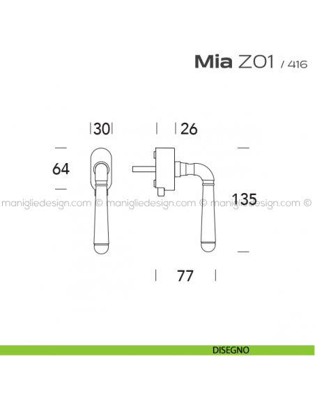 Maniglia per finestra DK con pulsante su placca Z01 Mia Reguitti disegno