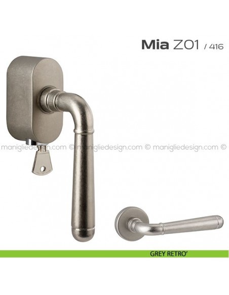 Maniglia per finestra martellina DK con chiave su placca Z01 Mia Reguitti grey retrò