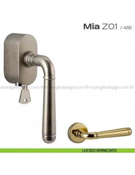 Maniglia per finestra martellina DK con chiave su placca Z01 Mia Reguitti lucido verniciato