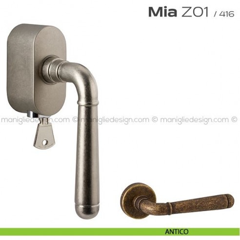 Maniglia per finestra martellina DK con chiave su placca Z01 Mia Reguitti antico