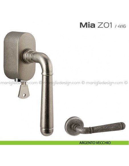 Maniglia per finestra martellina DK con chiave su placca Z01 Mia Reguitti argento vecchio