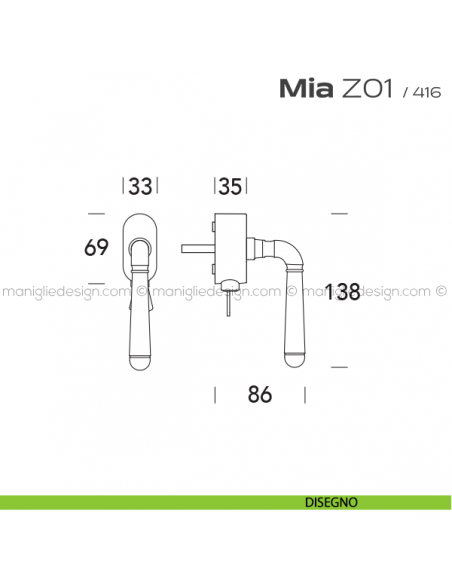 Maniglia per finestra martellina DK con chiave su placca Z01 Mia Reguitti disegno