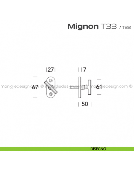 Maniglia martellina per finestra T33 Mignon Reguitti disegno