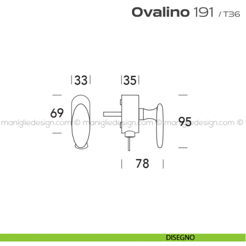 Maniglia per finestra martellina DK con chiave su placca 191 Ovalino Reguitti disegno