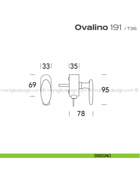 Maniglia per finestra martellina DK con chiave su placca 191 Ovalino Reguitti disegno