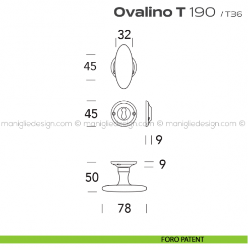 Pomolo ovale girevole per porta 190 Ovalino a T Reguitti foro patent