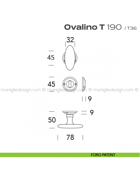 Pomolo ovale girevole per porta 190 Ovalino a T Reguitti foro patent