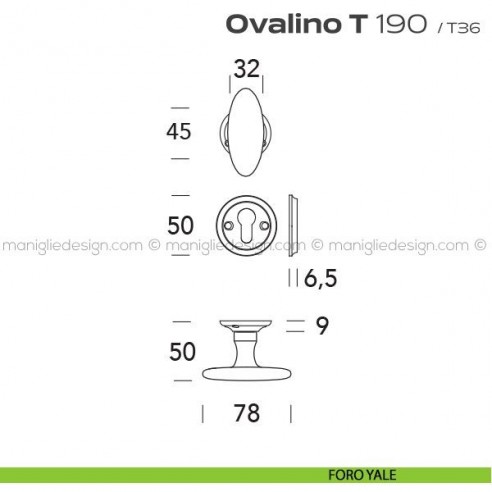 Pomolo ovale girevole per porta 190 Ovalino a T Reguitti foro yale