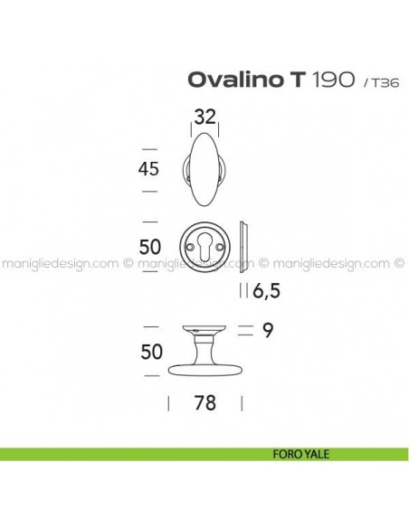 Pomolo ovale girevole per porta 190 Ovalino a T Reguitti foro yale