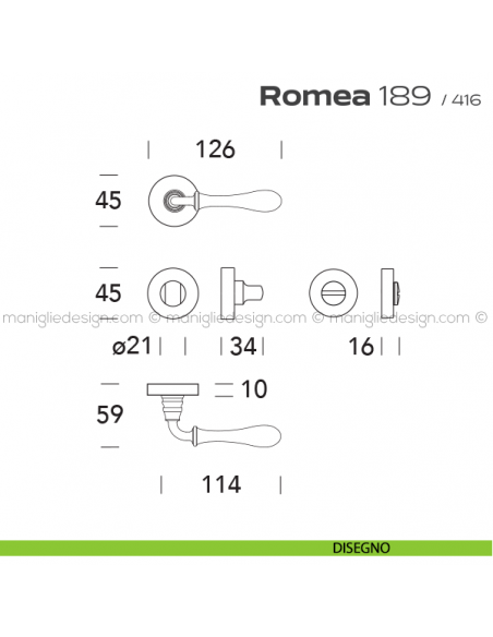 Maniglia per porta con nottolino 189 Romea Reguitti disegno