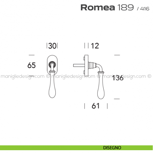 Maniglia martellina DK per finestra 189 Romea Reguitti disegno