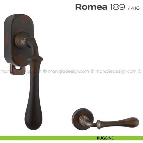 Maniglia per finestra DK con pulsante su placca 189 Romea Reguitti ruggine