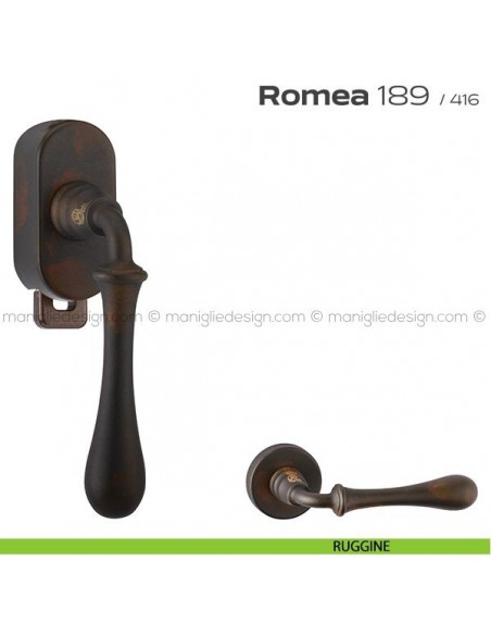 Maniglia per finestra DK con pulsante su placca 189 Romea Reguitti ruggine