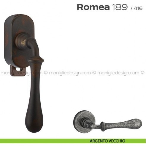 Maniglia per finestra DK con pulsante su placca 189 Romea Reguitti argento vecchio