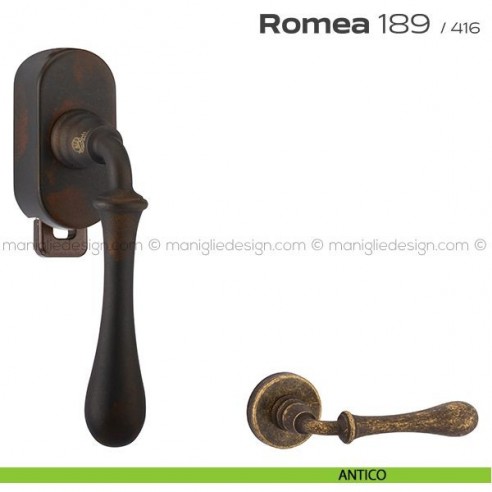 Maniglia per finestra DK con pulsante su placca 189 Romea Reguitti antico