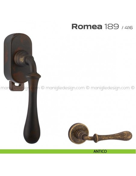 Maniglia per finestra DK con pulsante su placca 189 Romea Reguitti antico