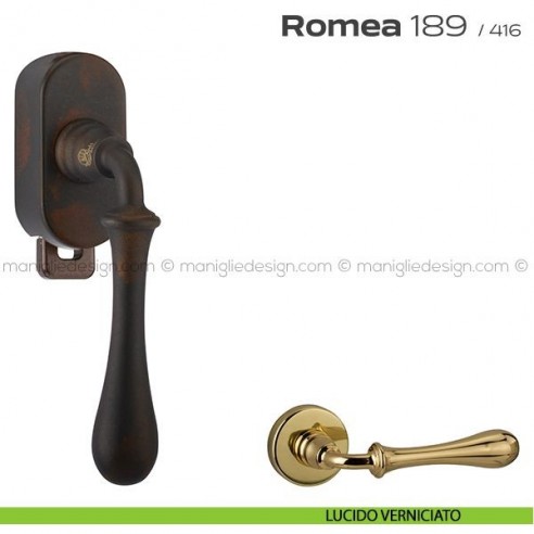 Maniglia per finestra DK con pulsante su placca 189 Romea Reguitti lucido verniciato