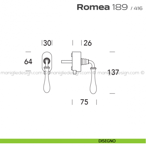 Maniglia per finestra DK con pulsante su placca 189 Romea Reguitti disegno