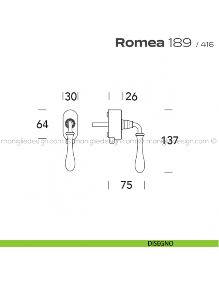 Maniglia per finestra DK con pulsante su placca 189 Romea Reguitti disegno