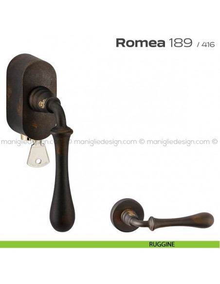 Maniglia per finestra martellina DK con chiave su placca 189 Romea Reguitti ruggine