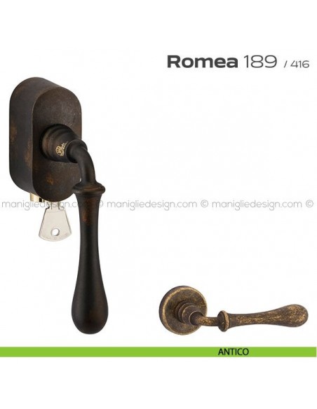 Maniglia per finestra martellina DK con chiave su placca 189 Romea Reguitti antico