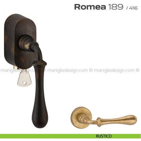 Maniglia per finestra martellina DK con chiave su placca 189 Romea Reguitti rustico