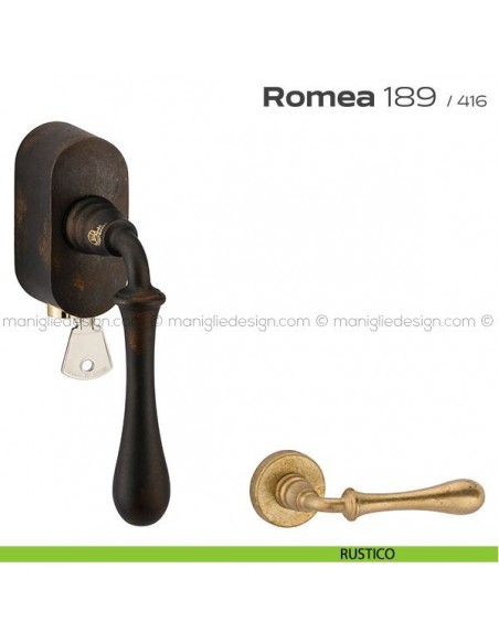Maniglia per finestra martellina DK con chiave su placca 189 Romea Reguitti rustico