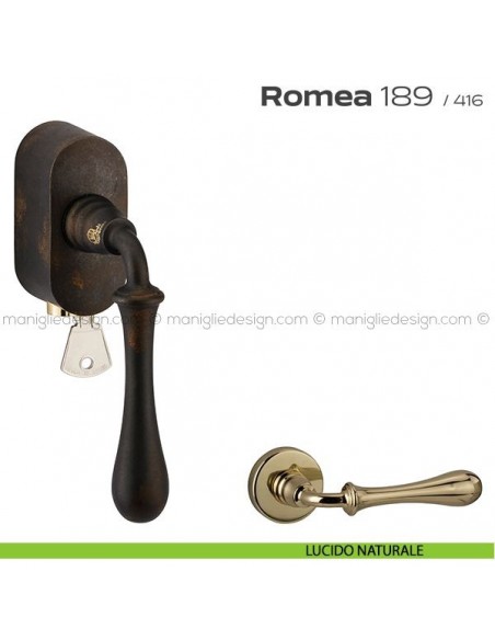 Maniglia per finestra martellina DK con chiave su placca 189 Romea Reguitti lucido naturale