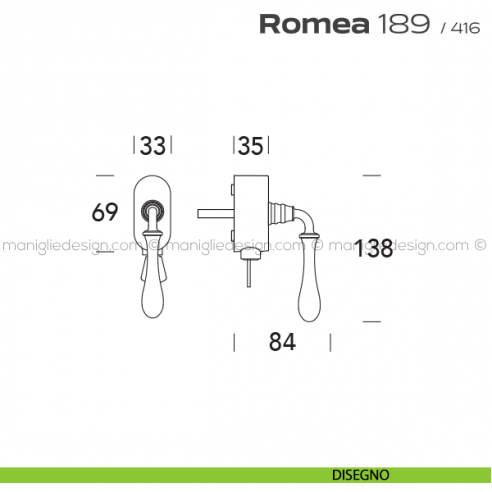 Maniglia per finestra martellina DK con chiave su placca 189 Romea Reguitti disegno