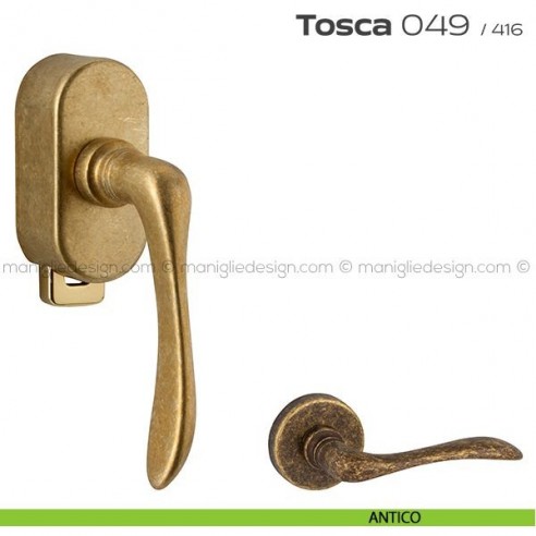 Maniglia per finestra DK con pulsante su placca 049 Tosca Reguitti antico