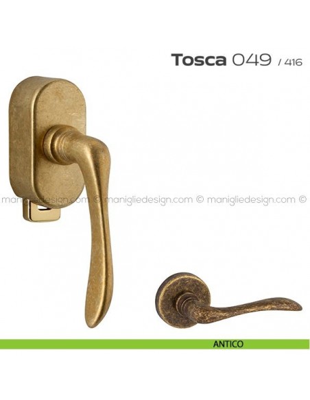 Maniglia per finestra DK con pulsante su placca 049 Tosca Reguitti antico