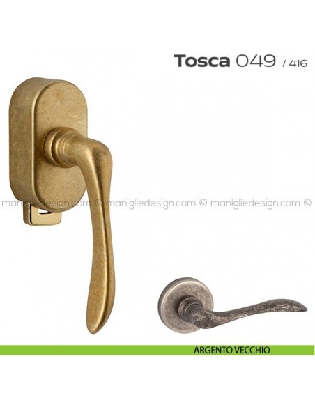 Maniglia per finestra DK con pulsante su placca 049 Tosca Reguitti argento vecchio