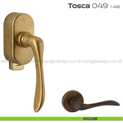 Maniglia per finestra DK con pulsante su placca 049 Tosca Reguitti ruggine