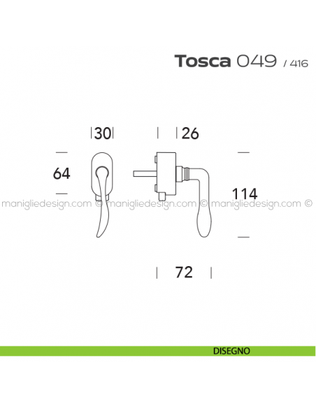 Maniglia per finestra DK con pulsante su placca 049 Tosca Reguitti disegno