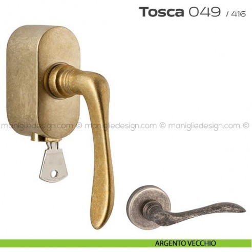 Maniglia per finestra martellina DK con chiave su placca 049 Tosca Reguitti argento vecchio