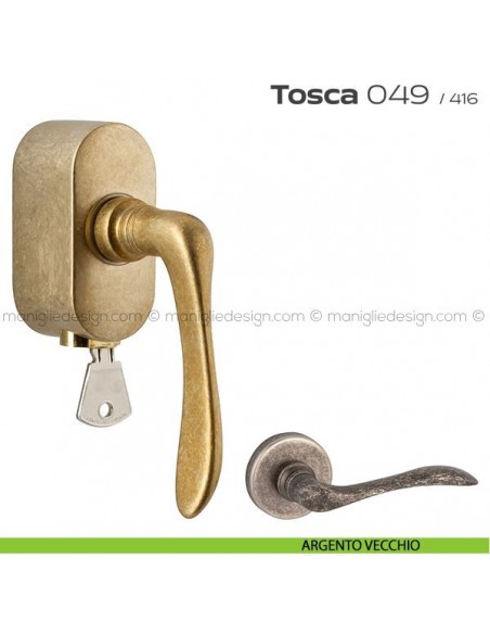 Maniglia per finestra martellina DK con chiave su placca 049 Tosca Reguitti argento vecchio