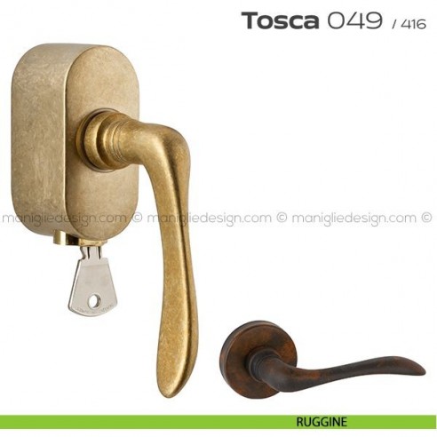 Maniglia per finestra martellina DK con chiave su placca 049 Tosca Reguitti ruggine