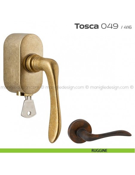 Maniglia per finestra martellina DK con chiave su placca 049 Tosca Reguitti ruggine