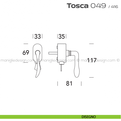 Maniglia per finestra martellina DK con chiave su placca 049 Tosca Reguitti disegno
