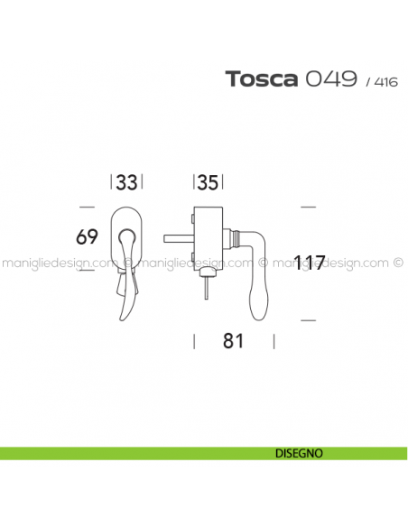 Maniglia per finestra martellina DK con chiave su placca 049 Tosca Reguitti disegno