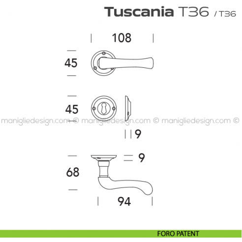 Maniglia per porta T36 Tuscania Reguitti con viti a vista foro patent